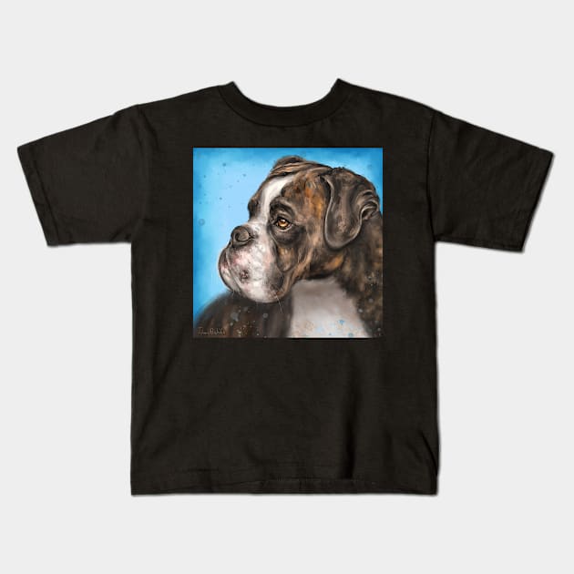 Painting of a Brindled Brown and White Boxer Dog Look to the Side on Blue Background Kids T-Shirt by ibadishi